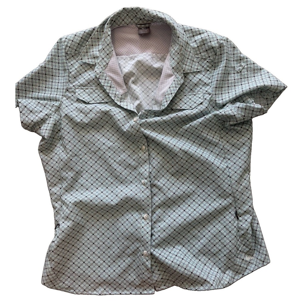 REI Women's XL Green Geometric Vented Hiking Shirt Roll Tab Long Sleeve